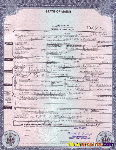 USA Maine state death certificate